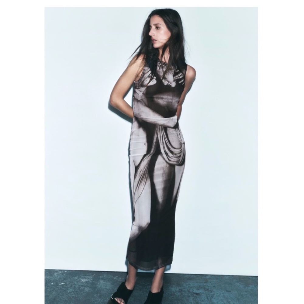 Zara Artistic Black and Gray cherubs Maxi Dress—mesh